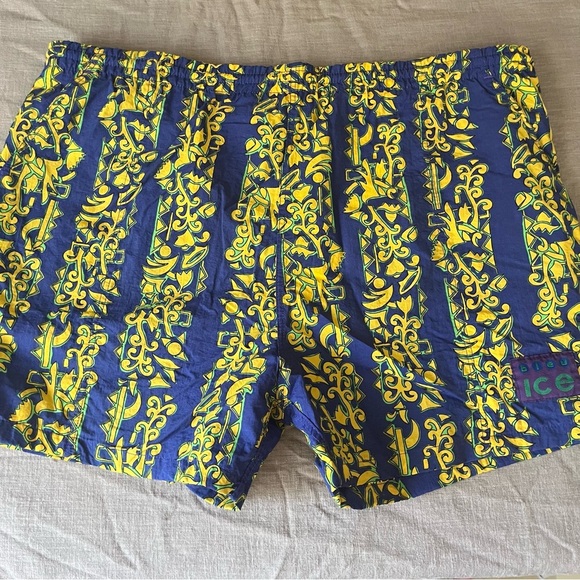 90s Vintage Size Large Blue and Yellow Swim Trunks Bold - Picture 2 of 7